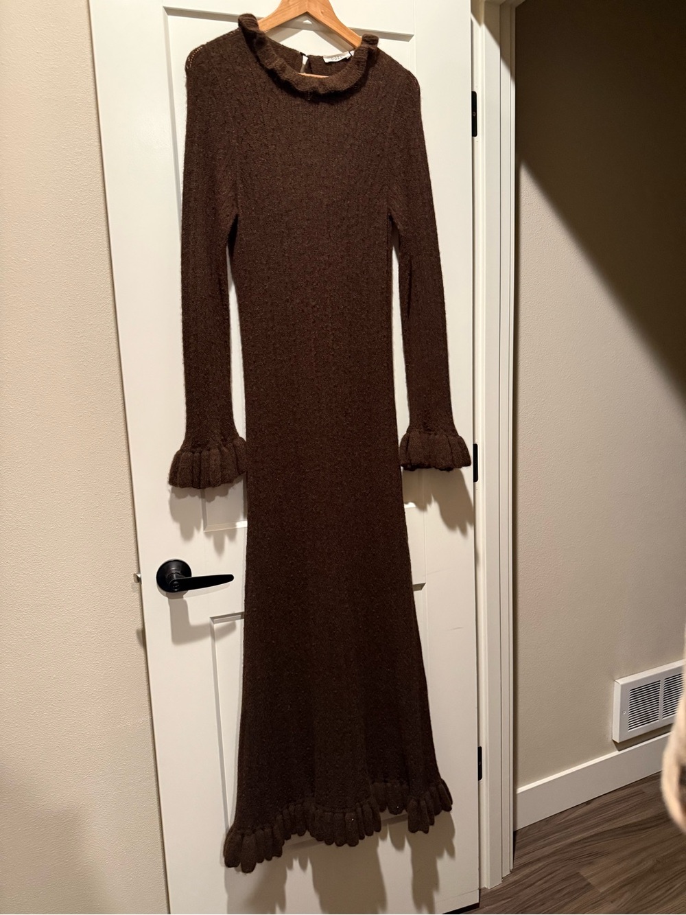 Doen Chocolate Brown Knit Maxi Dress with Ruffle Trim